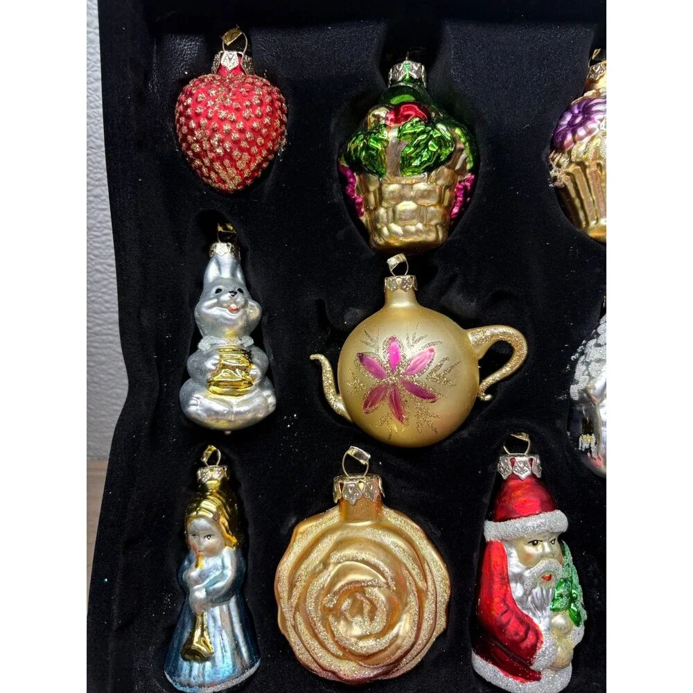 Vtg 2002 Wedding Gift Set Of 12 Blown Glass Christmas Tree Ornaments NIB
